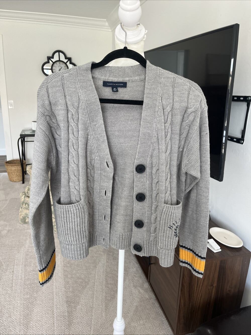 Tommy Hilfiger Small Women Varsity Button Cardigan Heather Gray Cable Knit